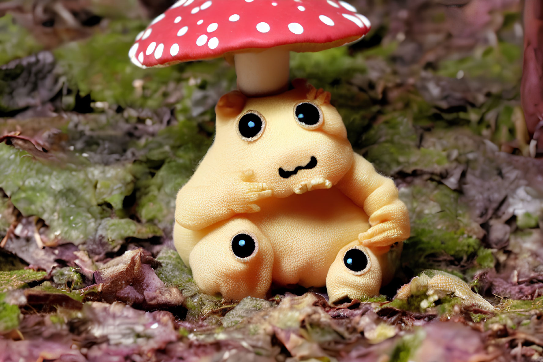 Yellow Plush Creature Under Red Polka-Dotted Mushroom in Forest