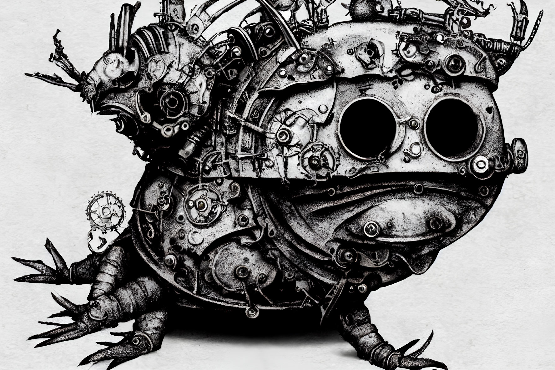 Monochrome steampunk mechanical heart drawing with gears and pipes