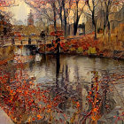 Autumn Canal Scene with Colorful Foliage and Boats