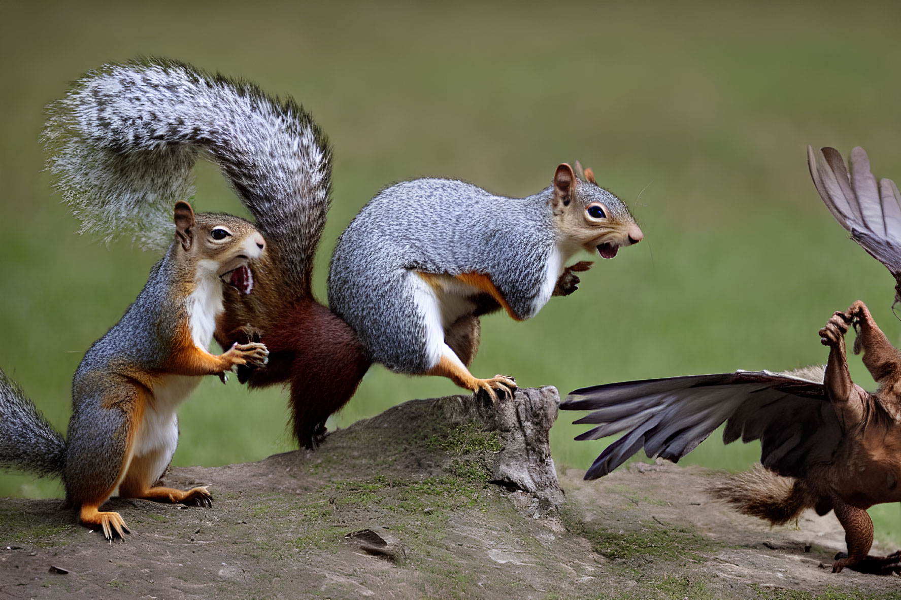 Squirrels and bird on log against green background