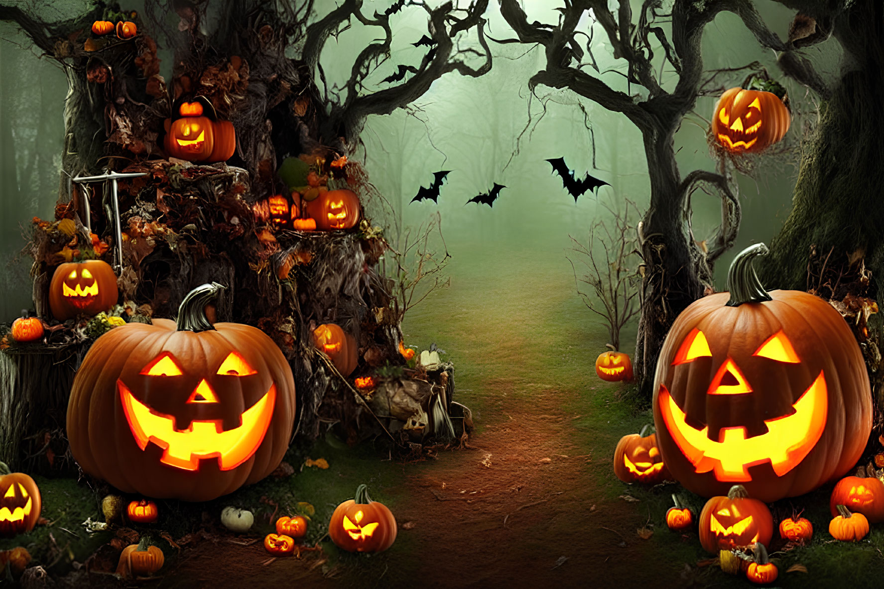 Spooky Halloween Scene with Carved Pumpkins, Bats, and Misty Forest Path