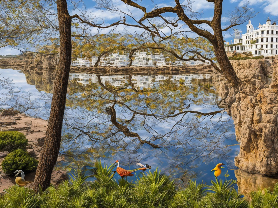 Tranquil waterfront scene with ducks, leafless trees, white buildings, and rocky shore under a