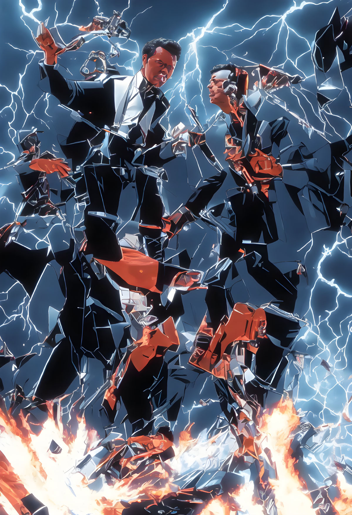 Men in suits shattering with lightning and flames illustration