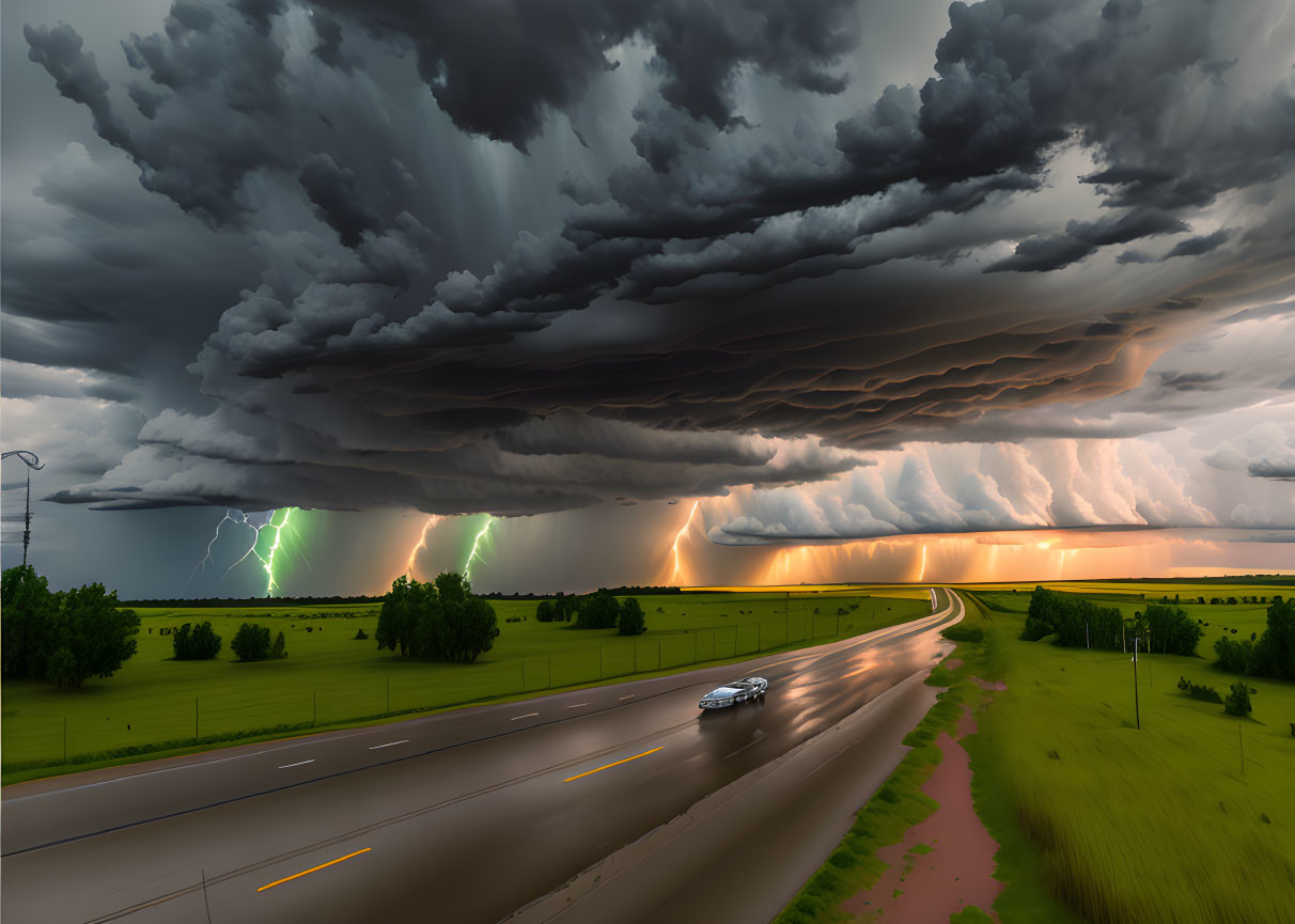 Intense thunderstorm with lightning strikes over highway car.