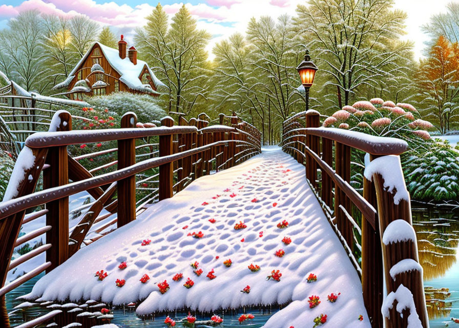 Snow-covered wooden bridge with glowing lanterns in winter scene.