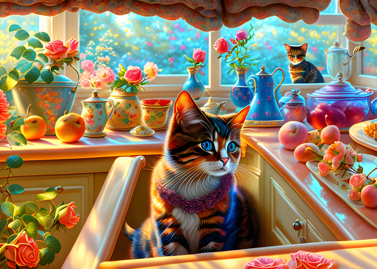 Colorful kitchen scene with cats, flowers, fruits, and teapots in sunlight