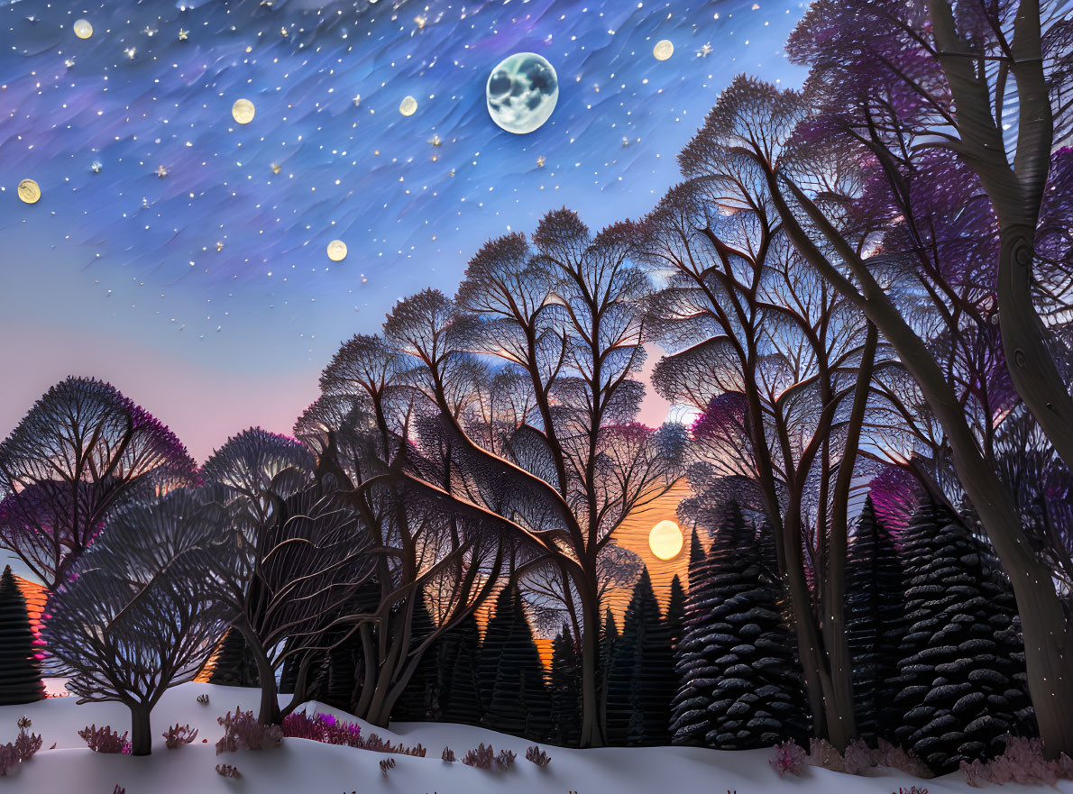 Colorful Trees and Celestial Elements in Twilight Landscape