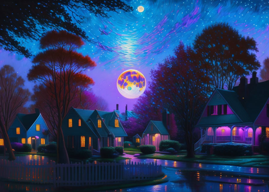 Colorful Moon and Glowing Houses in Starry Night Sky