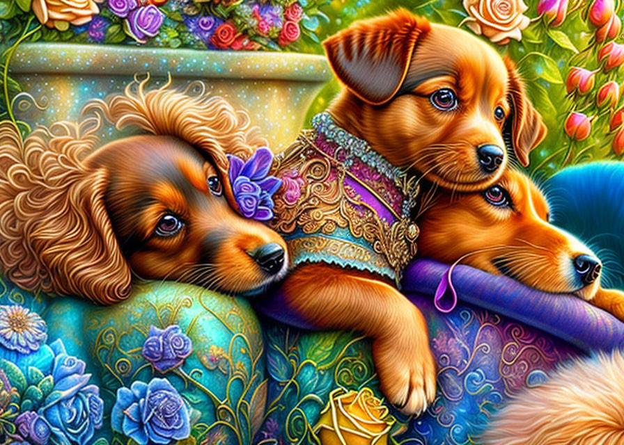 Illustrated puppies with ornate collars among vibrant flowers on colorful background