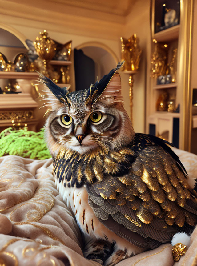 Golden-brown owl in luxurious room with gold accents