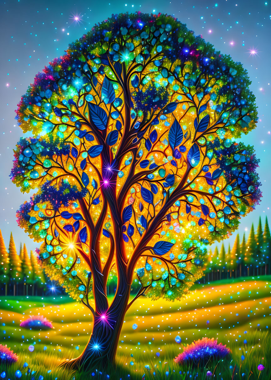 Colorful tree with glowing leaves under starry sky and glowing flowers