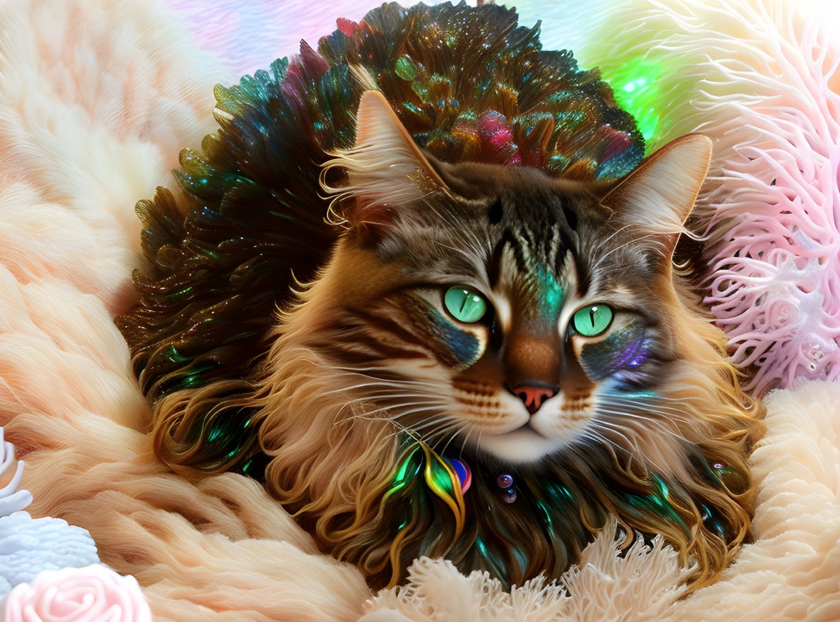 Majestic cat with green eyes on fluffy surface amid pastel textures