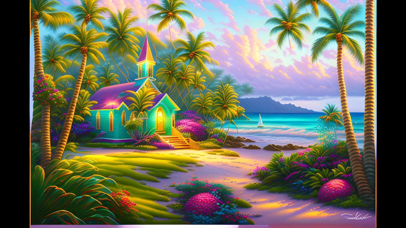 Colorful tropical beach scene at dusk with chapel, palm trees, flowers, and ocean view.