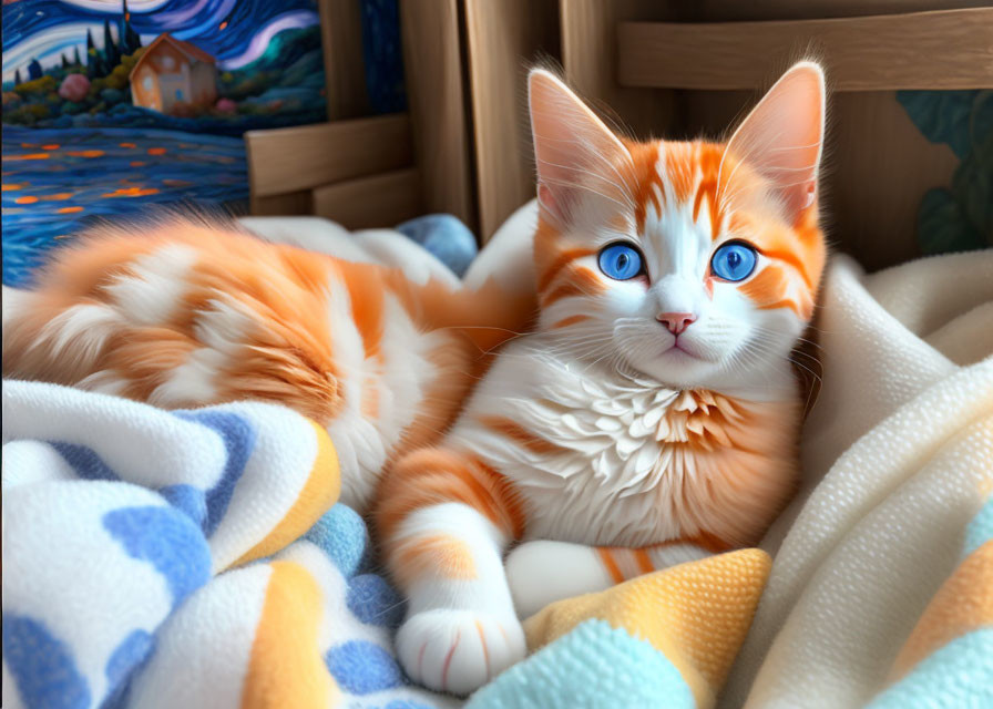 Adorable orange and white kitten on multicolored blanket with painting in background