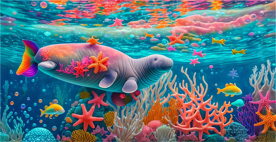 Colorful Underwater Scene with Manatee, Coral, Starfish, and Tropical Fish