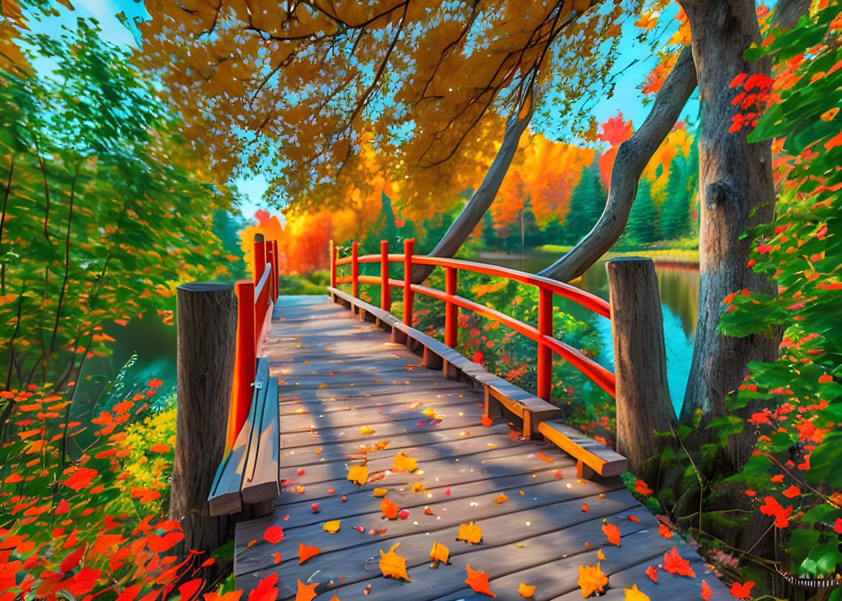 Colorful autumn footbridge surrounded by trees and fallen leaves