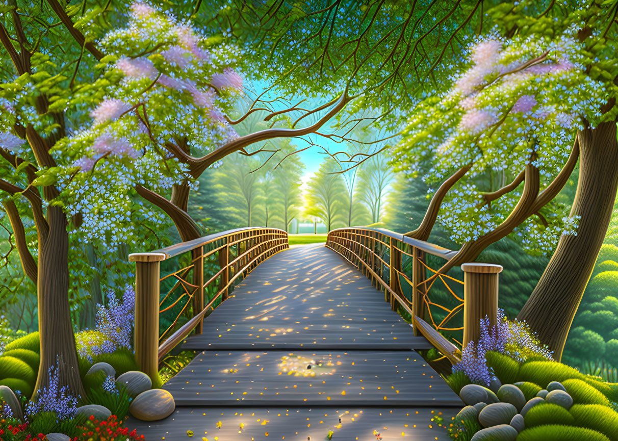 Illustration of wooden bridge in blooming tree setting