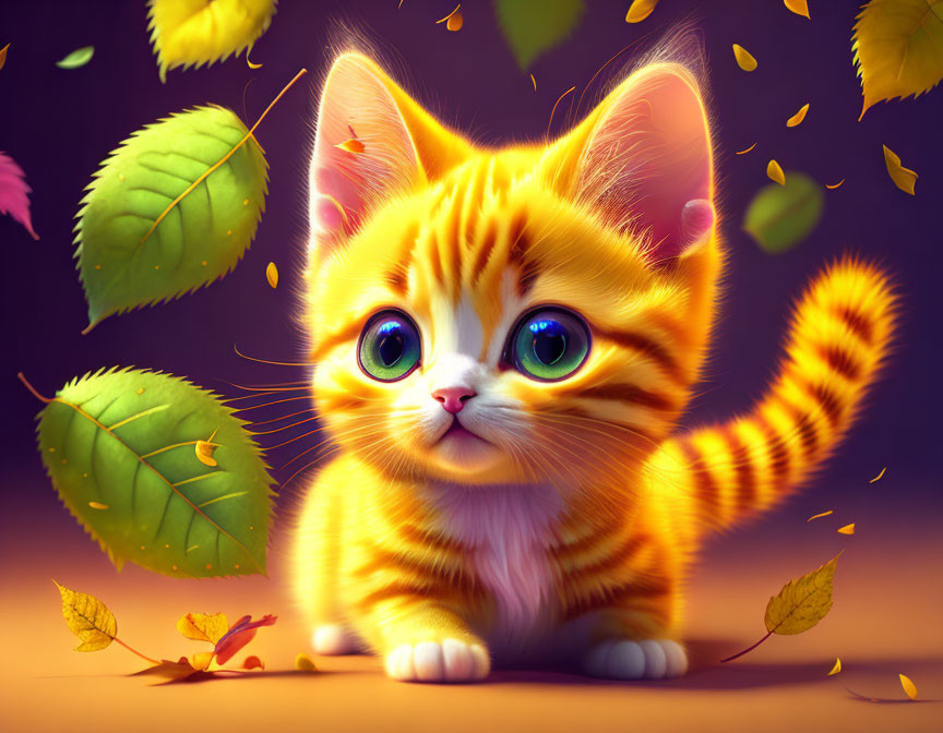 Vibrant orange striped kitten with green eyes in autumn setting