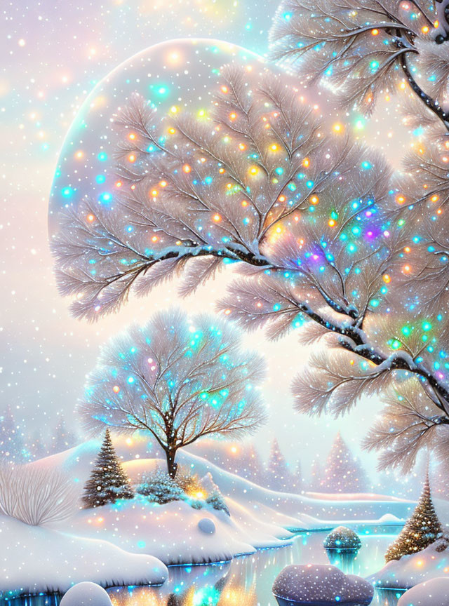 Snow-covered trees and colorful lights in whimsical winter scene