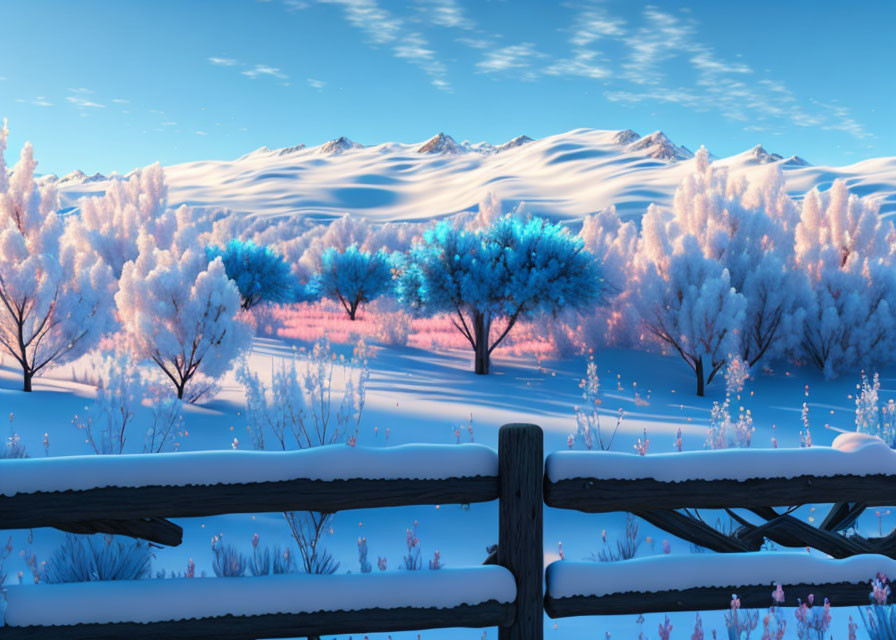 Snowy Winter Landscape with Frosty Trees and Mountains