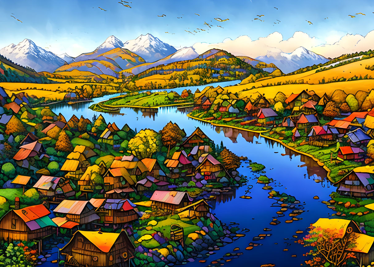 Colorful rural landscape with river, houses, and mountains under blue sky