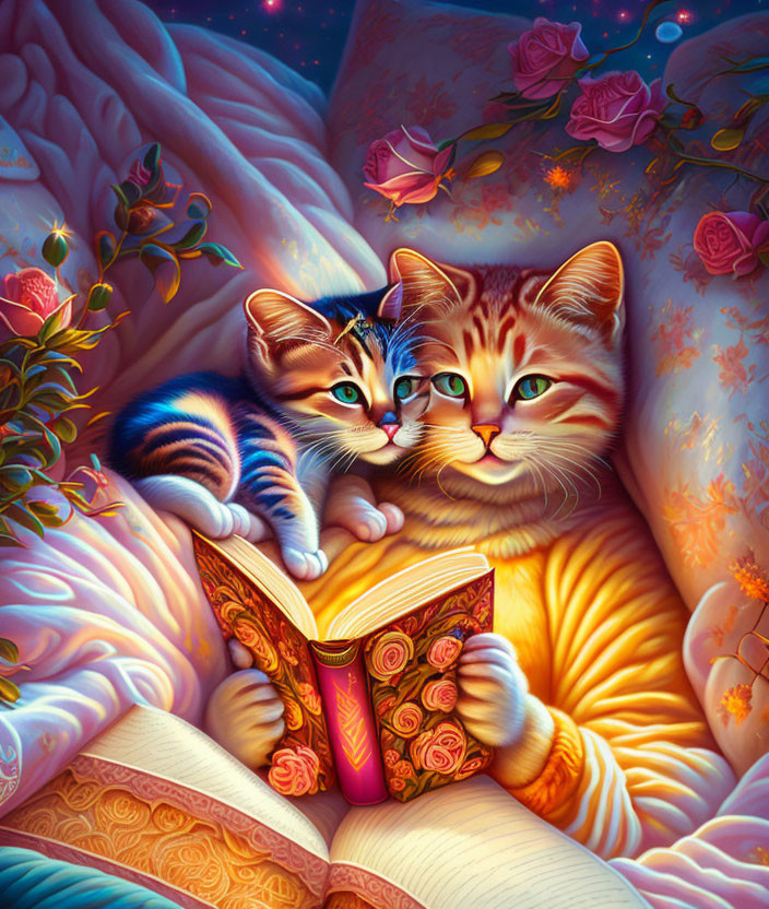 Illustrated cats snuggling on a blanket under a starry, rose-adorned backdrop