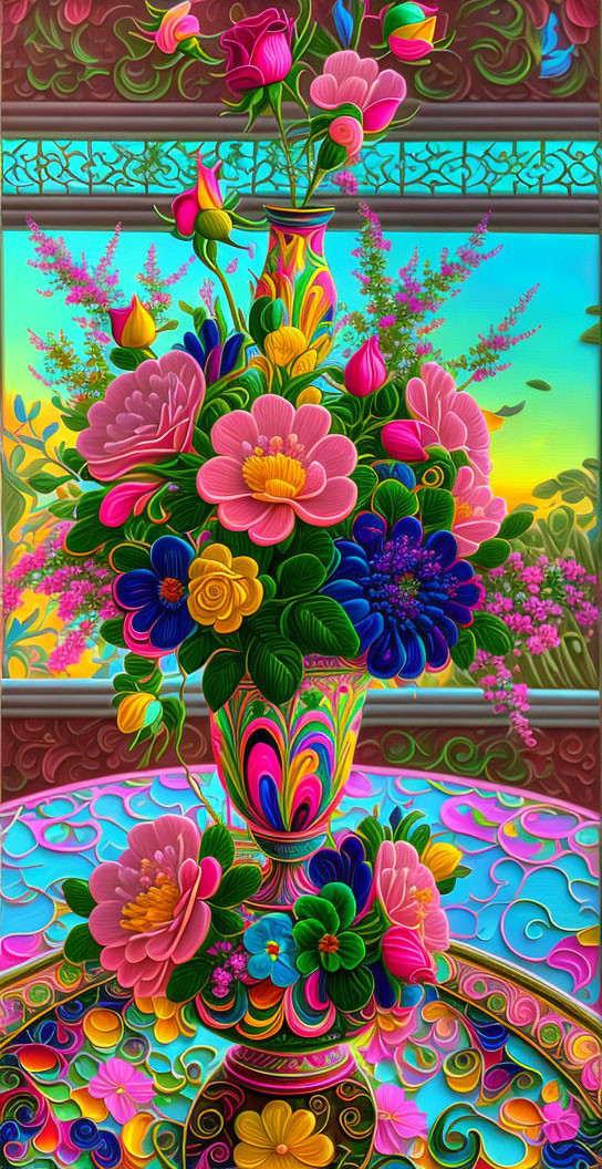 Elaborate floral arrangement in decorative vase with vibrant colors