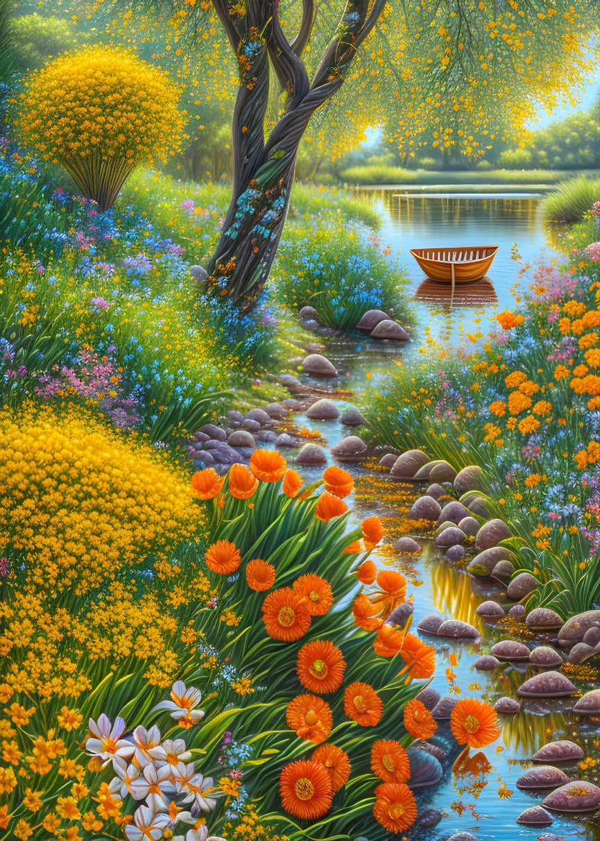 Tranquil garden scene with flowers, pond, boat, and stepping stones