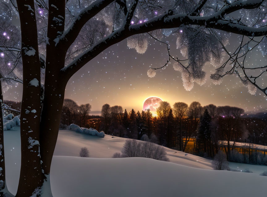 Snow-covered hills under full moon in scenic winter night