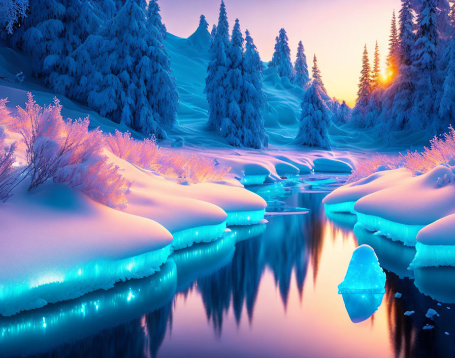 Snow-covered trees and river in serene winter scene