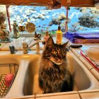 Colorful kitchen scene with cats, flowers, fruits, and teapots in sunlight