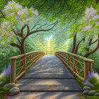 Illustration of wooden bridge in blooming tree setting