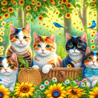 Five cartoon cats in colorful garden with sunflowers, birds, and butterflies