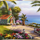 Colorful tropical beach scene at dusk with chapel, palm trees, flowers, and ocean view.