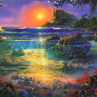 Vibrant Sunset Over Serene Beach with Sea Turtles