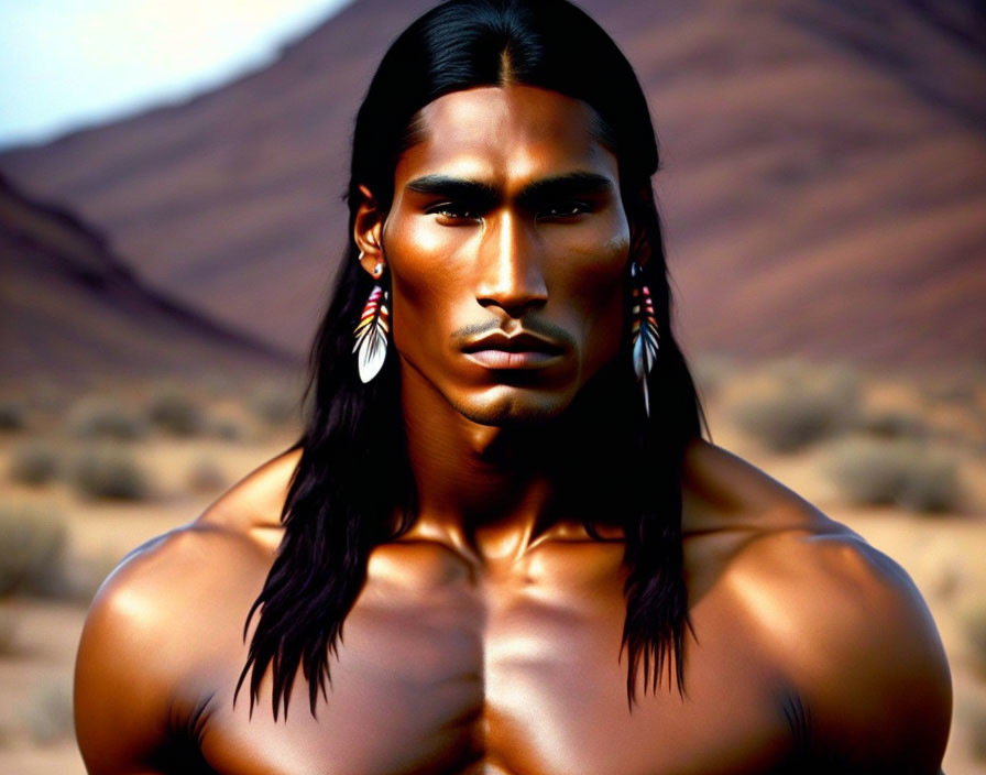 Muscular man with long black hair and feather earrings in desert setting