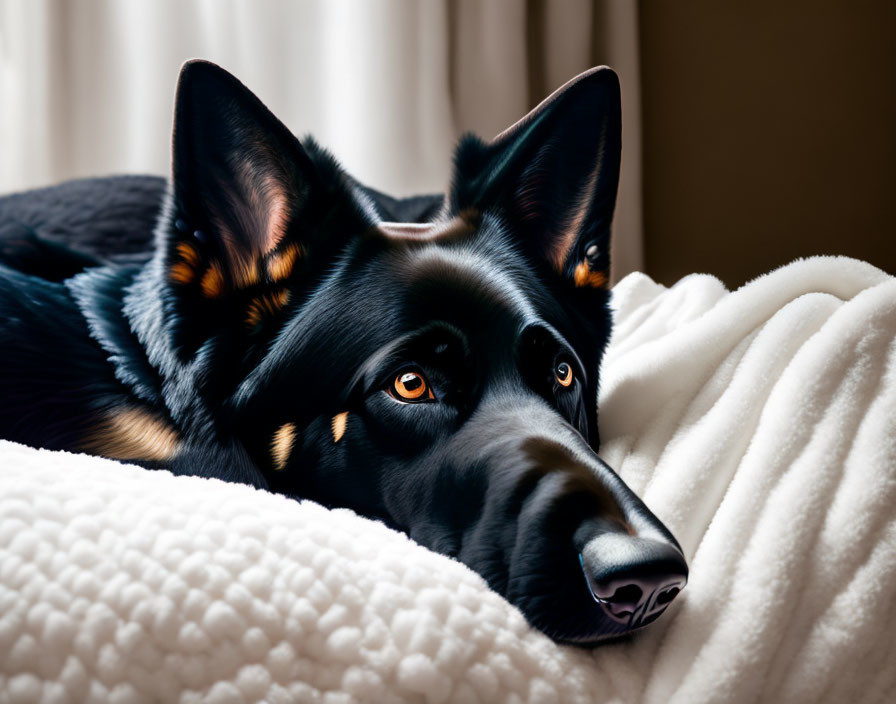 Black Dog with Tan Markings Resting on White Textured Blanket