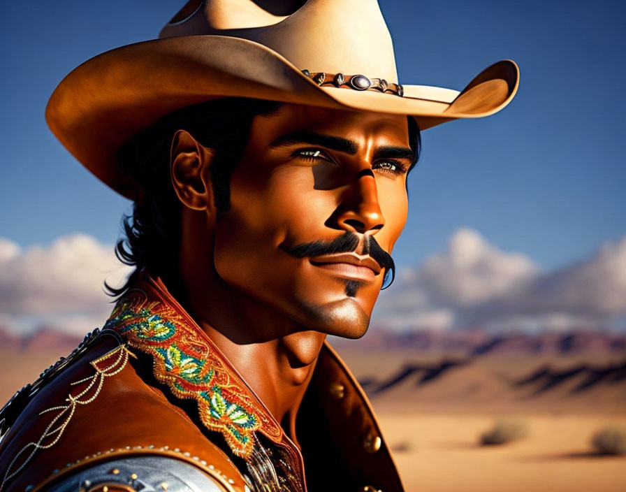 Stylized 3D cowboy illustration in desert scenery