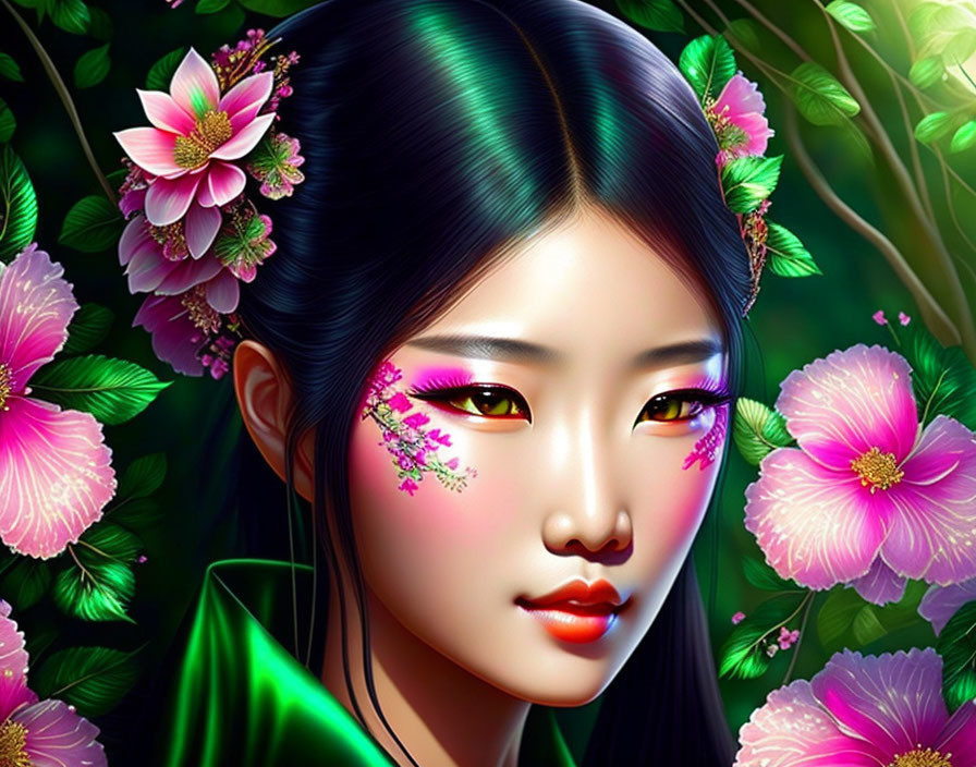 Asian woman with dark hair amid vibrant pink flowers and striking makeup