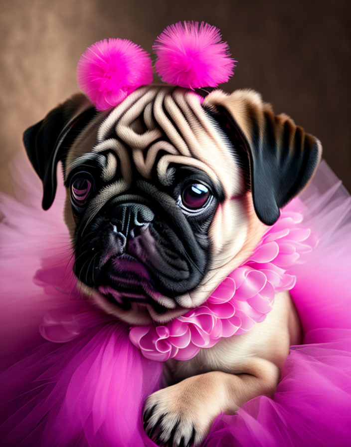 Adorable pug dog in pink tutu and collar