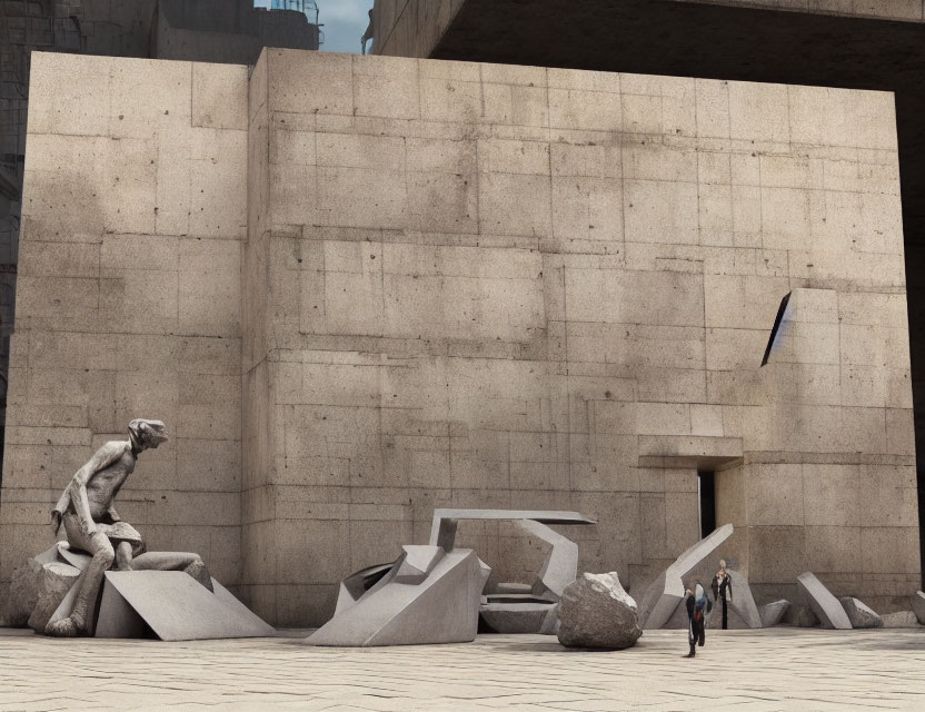 Monumental concrete structure with contemplative humanoid statue