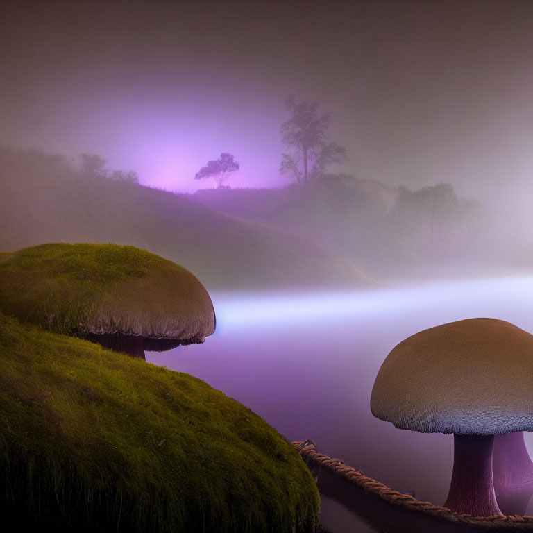 Whimsical landscape with oversized mushroom-like structures and glowing tree