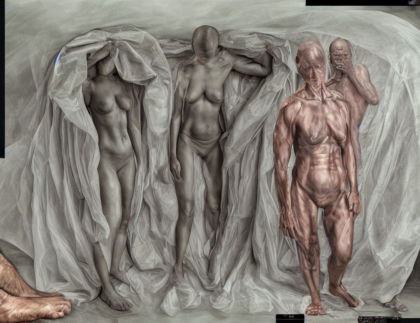 Realistic Human Figure Art Installation with Draped Fabric Transformation