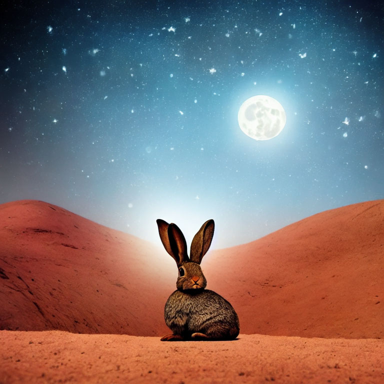 Rabbit on barren landscape under starry sky with full moon