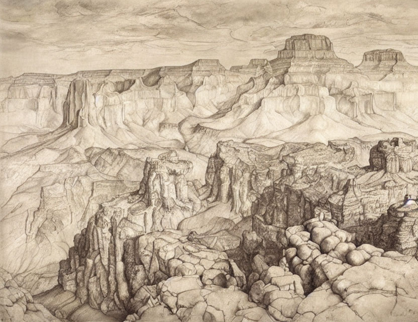 Detailed pencil drawing of vast rugged canyon landscape