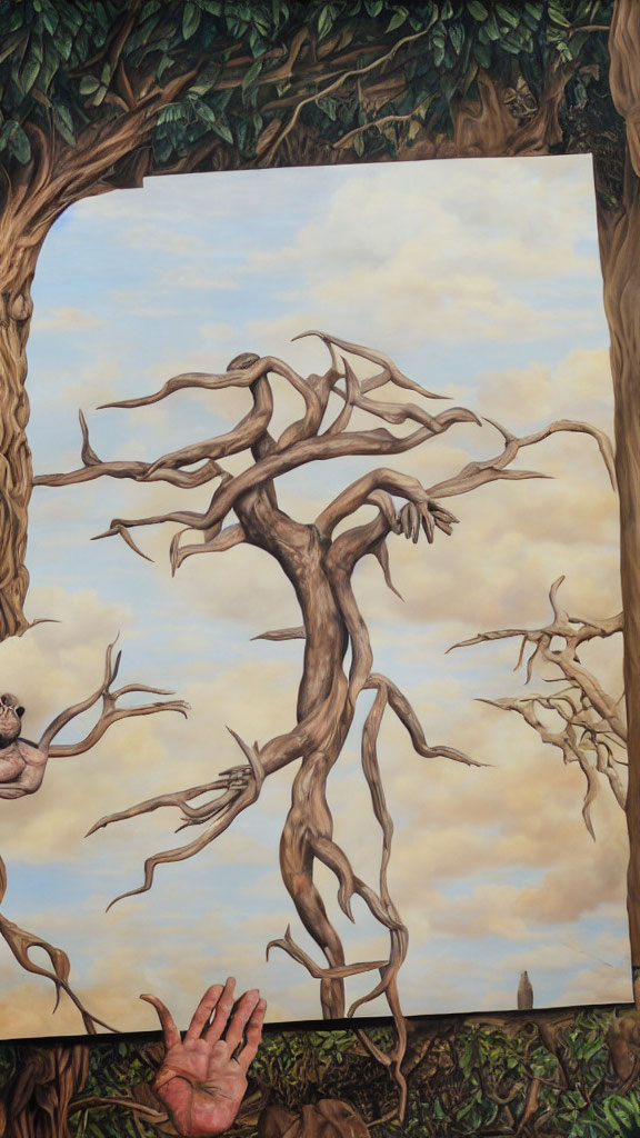 Surreal painting: barren tree merges with hand and figure