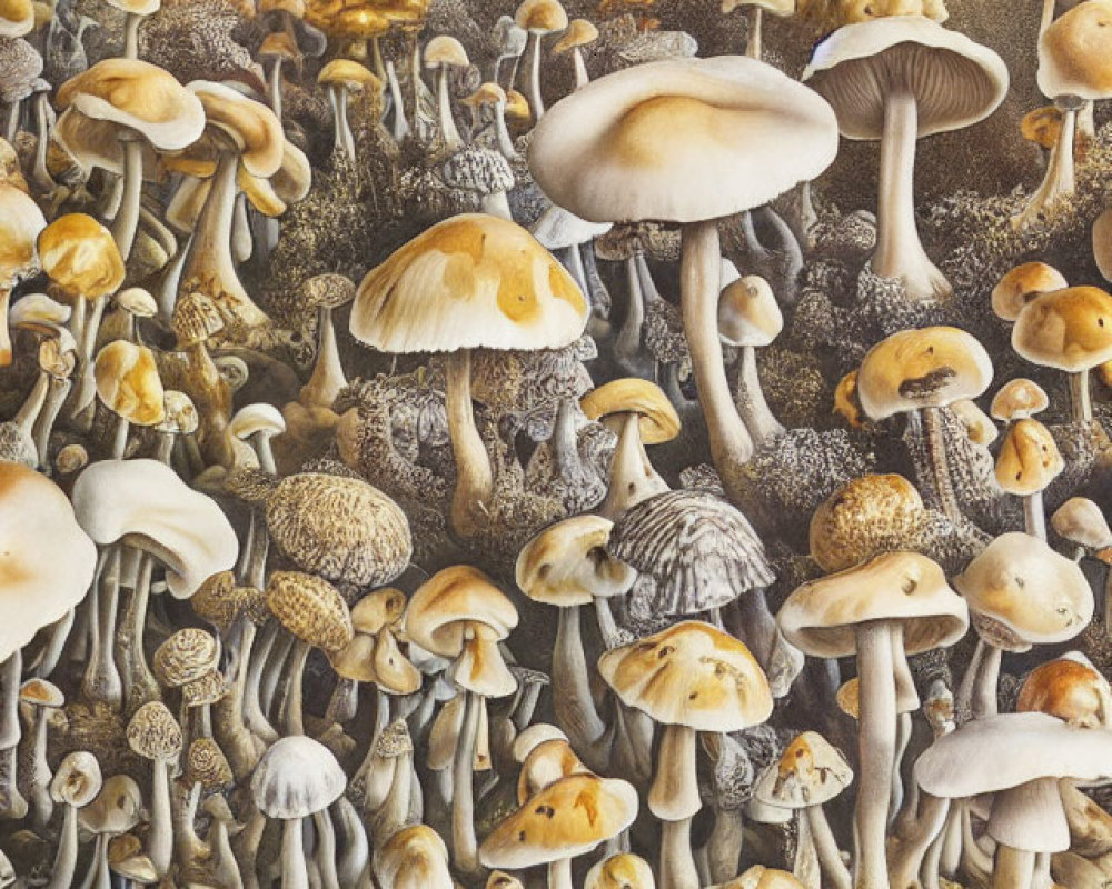 Surreal painting: Mushrooms in various sizes and shapes in sepia-toned landscape