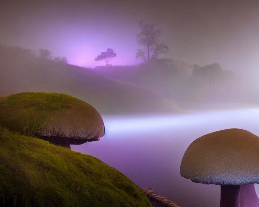 Whimsical landscape with oversized mushroom-like structures and glowing tree