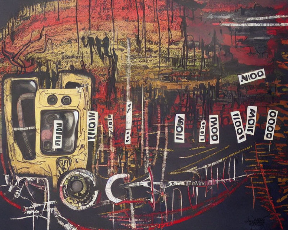 Central Yellow Cassette Tape Motif in Chaotic Red and Black Brushstrokes