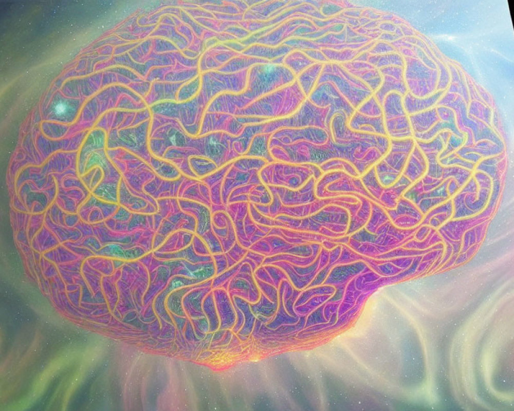 Colorful human brain painting on cosmic backdrop